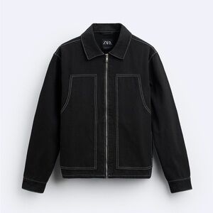 Zara Black Contrast-Stitch Zip Jean Jacket 6987/326